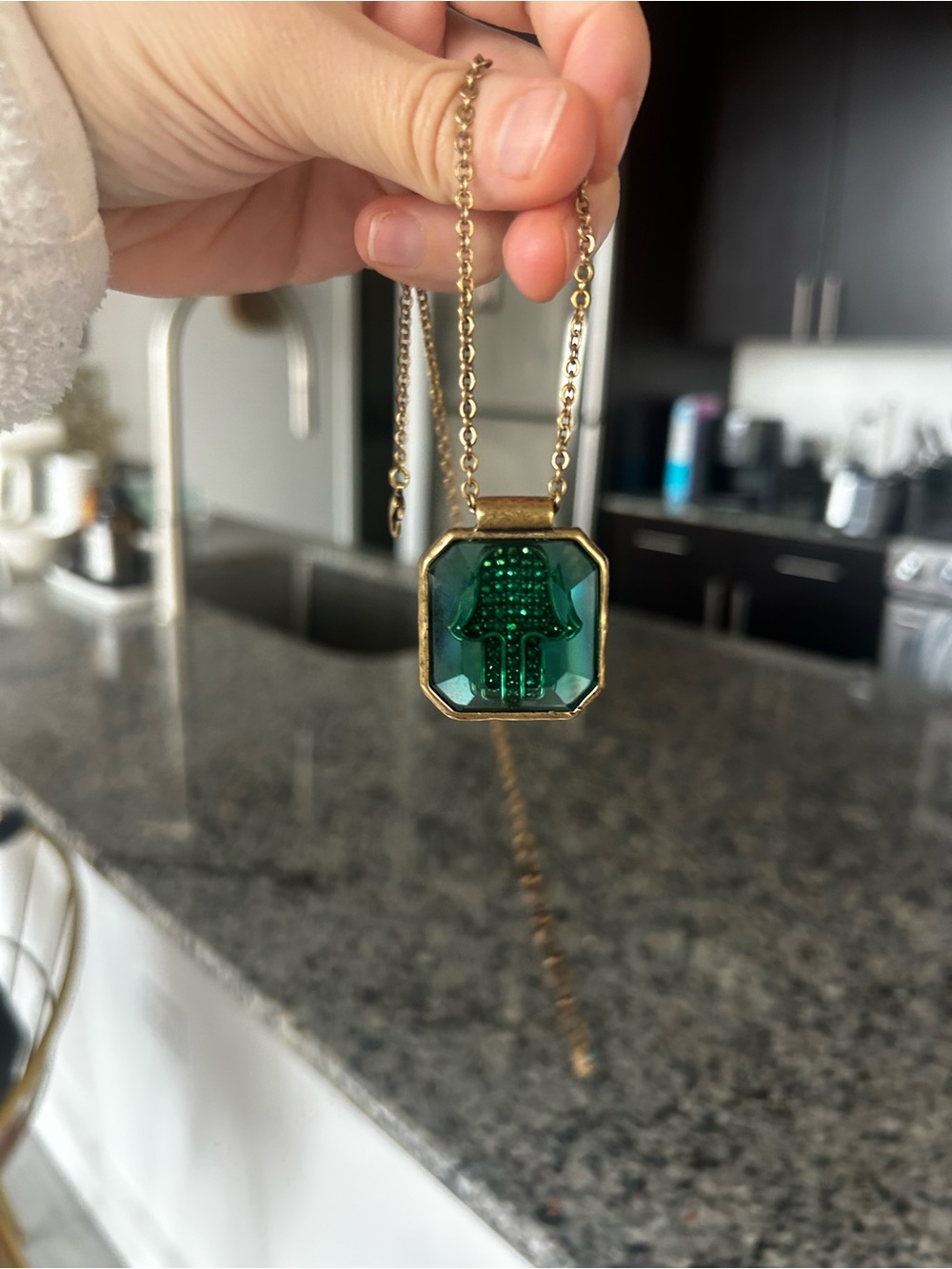 Lucky Brand Gold Tone Necklace with Green Hamsa Charm